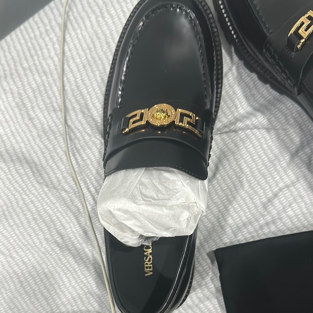 Versace Elegant Black Loafers with Gold Detail